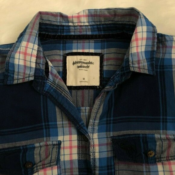 Abercrombie Plaid Button Down Shirt Size Medium Blue & White - Picture 6 of 6